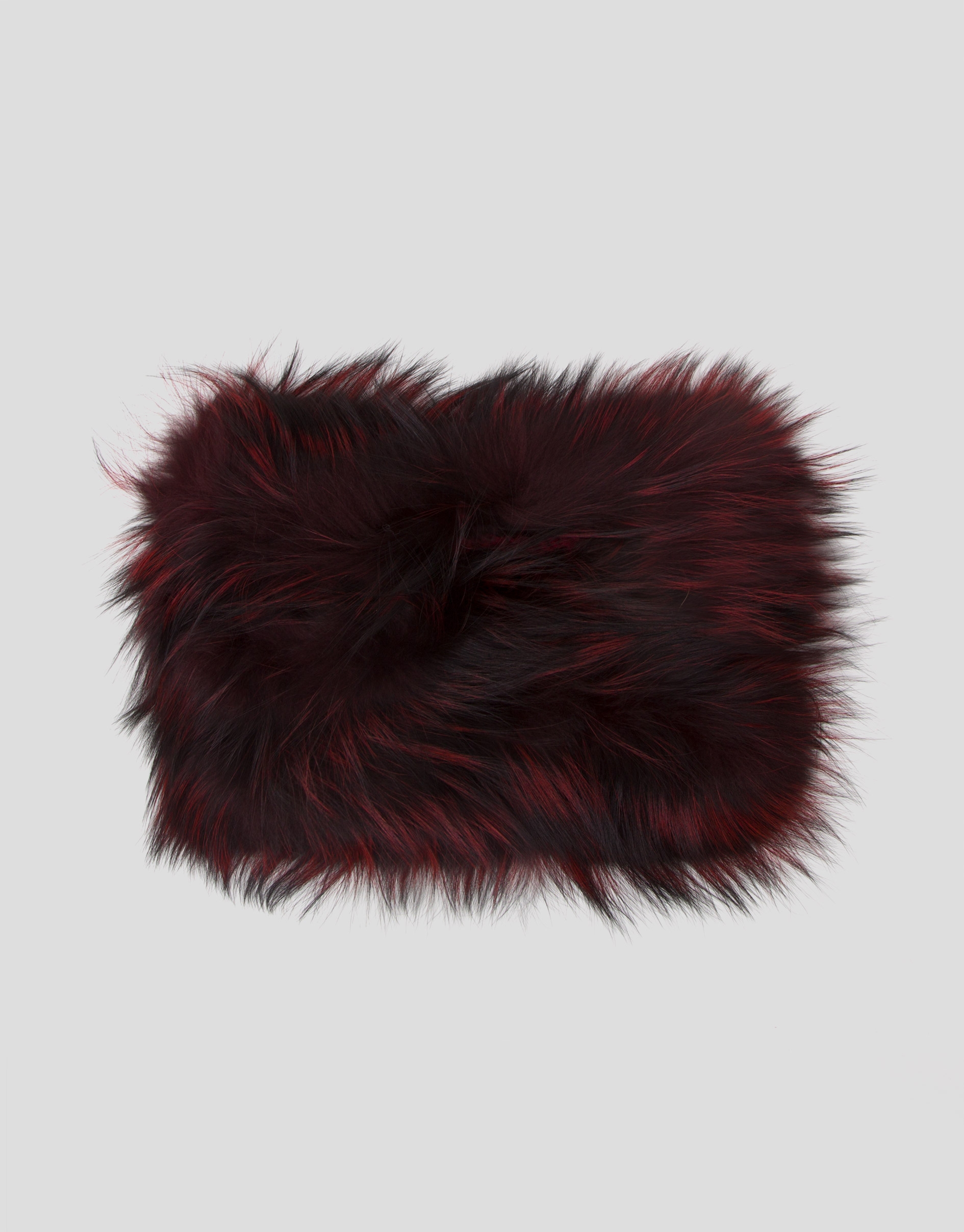 Burgundy fur tubular scarf with feathers