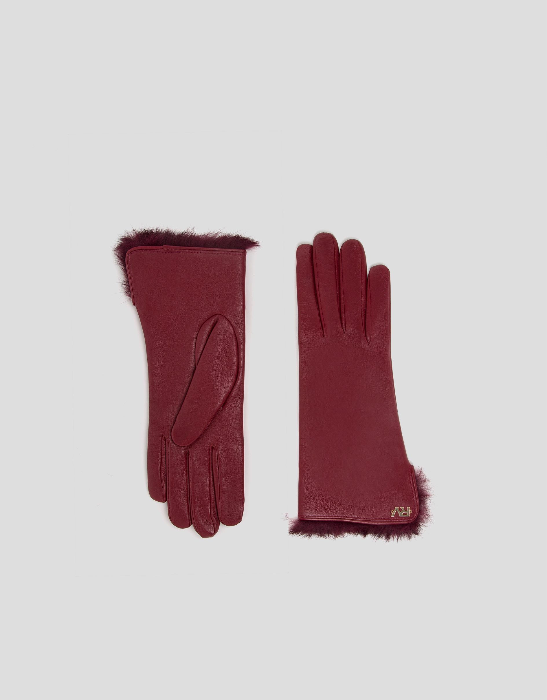 Burgundy leather and fur gloves