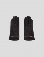 Gray leather and knit gloves with strap