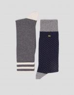 Pack of gray and blue ribbed socks with yellow dots