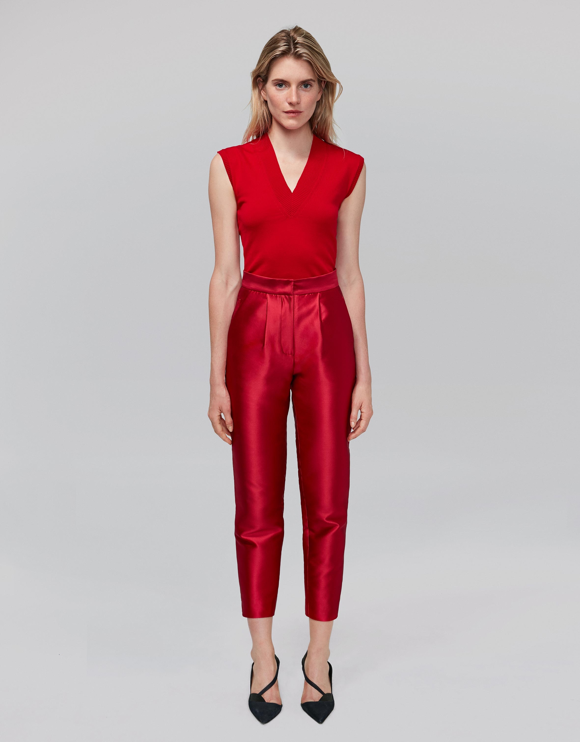 Red silk ankle-length pants