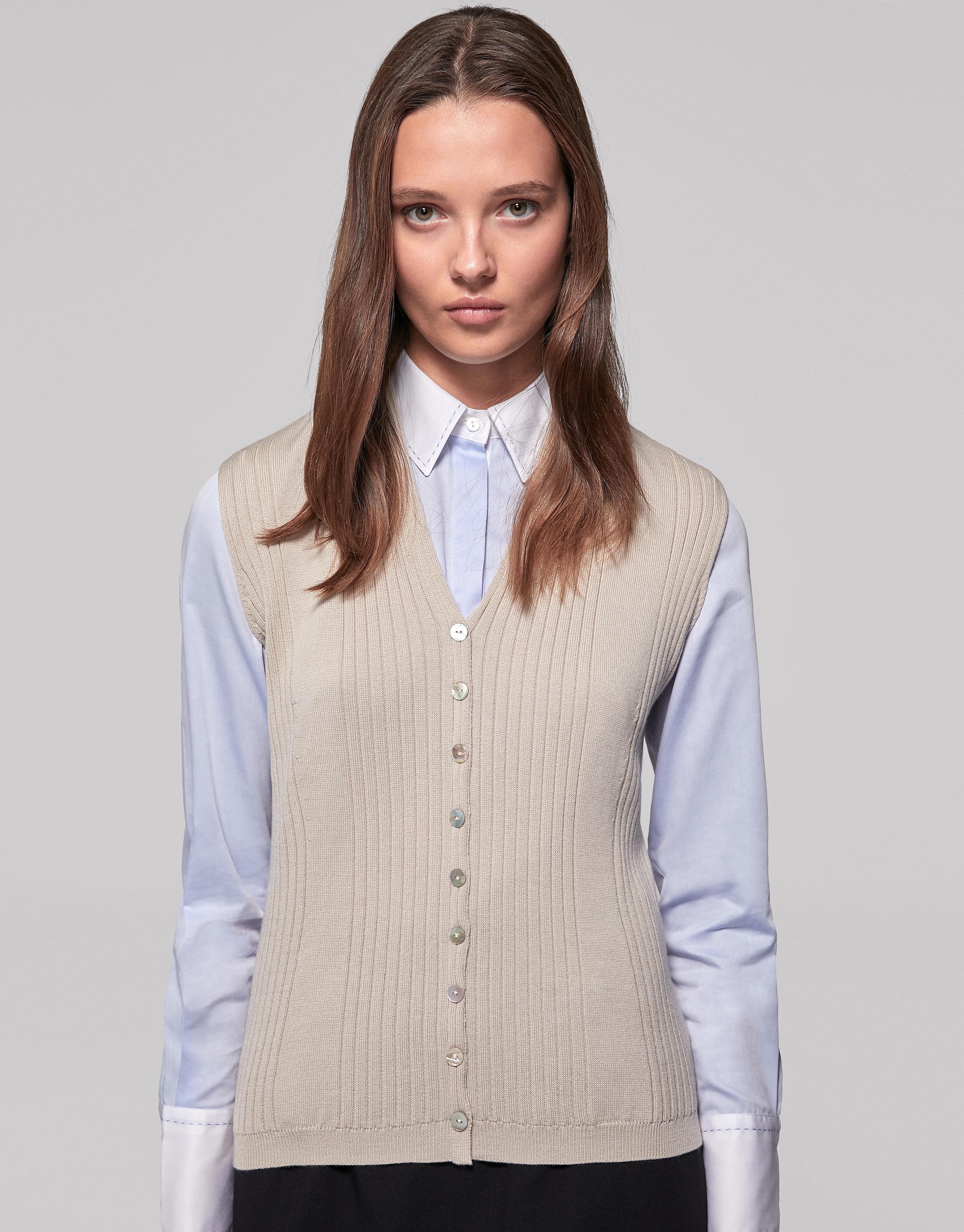 Beige ribbed merino wool vest