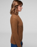 Brown knit sweater with openwork and knotted design