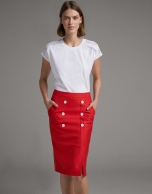 Red wrap skirt with white buttons