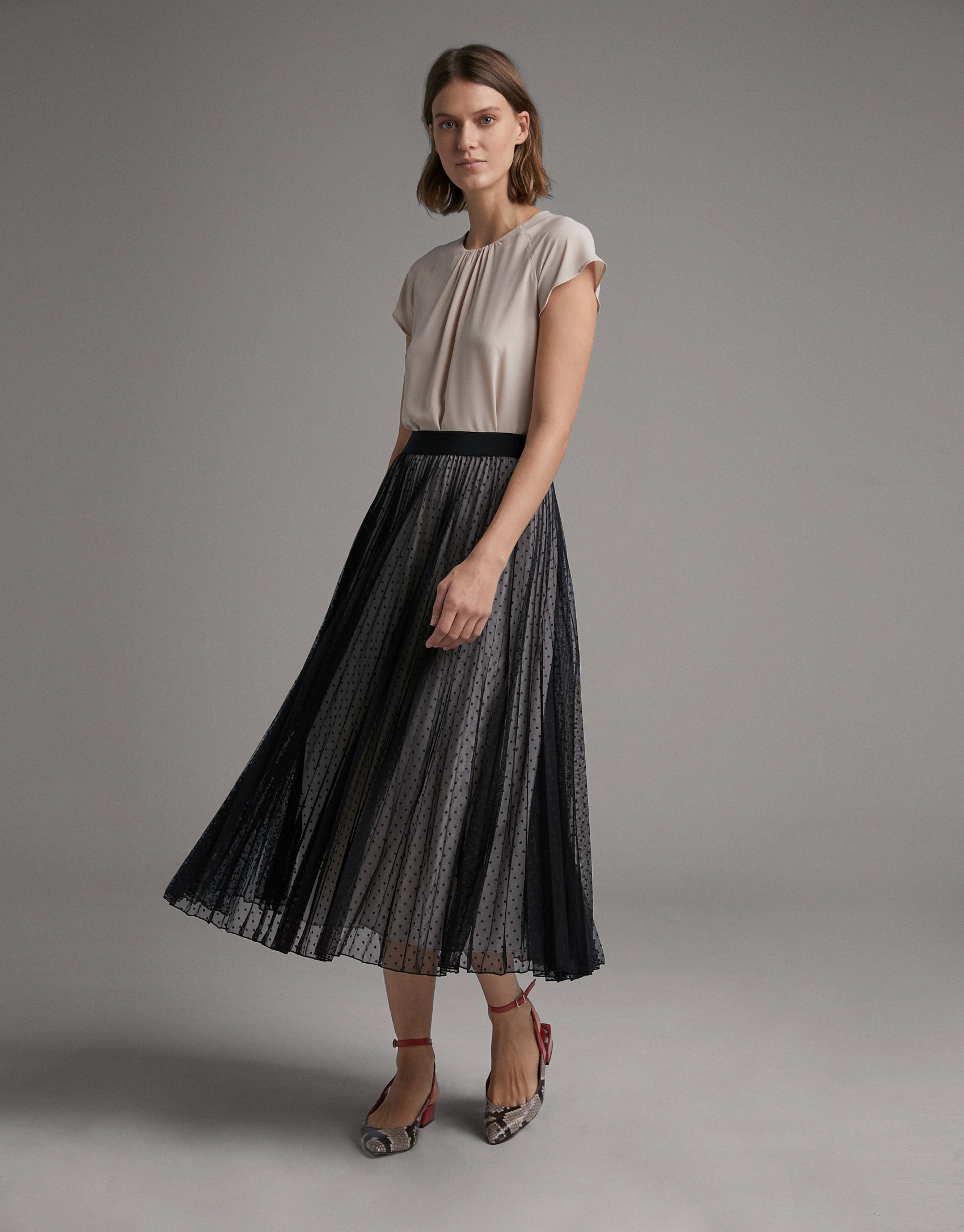 Long pleated tulle skirt with dots