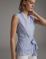 Blue striped shirt with bow at waist