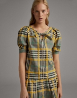 Green glen plaid shirt with boat neck and bow