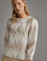 Beige shirt with boat neck and puffed sleeves