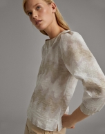 Beige shirt with boat neck and puffed sleeves