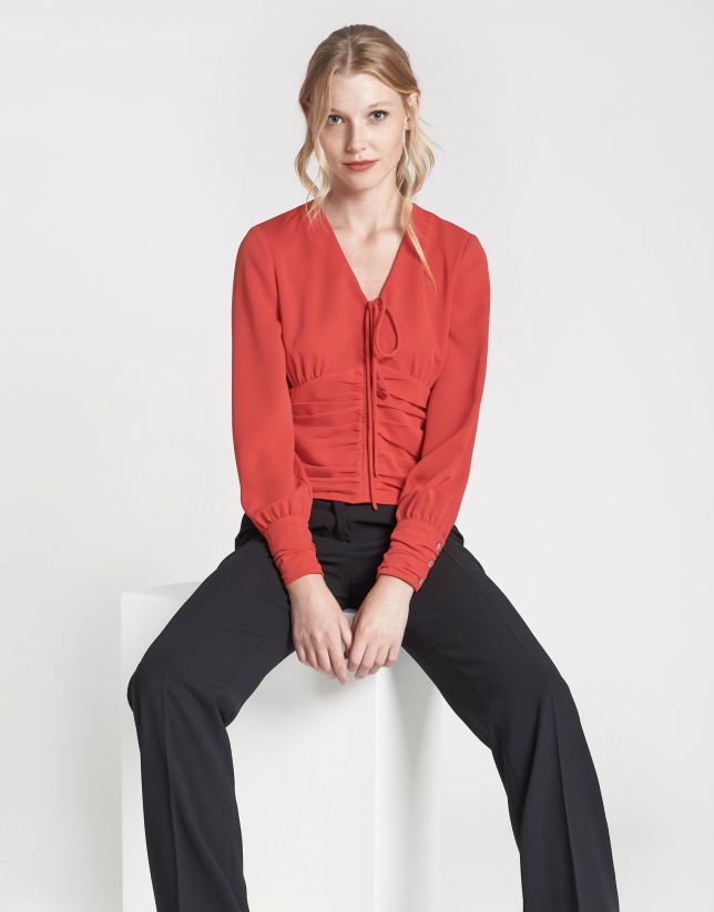 Red, draped shirt with long sleeves - Woman | Roberto Verino