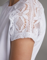 Beige short-sleeve top with chantilly lace