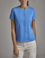 Blue top with lace on the front and sleeves