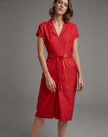 Red shirtwaist dress with short sleeves