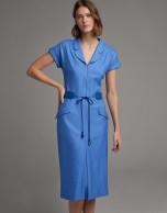 Blue shirtwaist dress with short sleeves