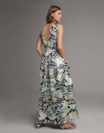 Long party dress with green floral print