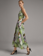 Long party dress with lavender and green print