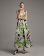 Long party dress with lavender and green print