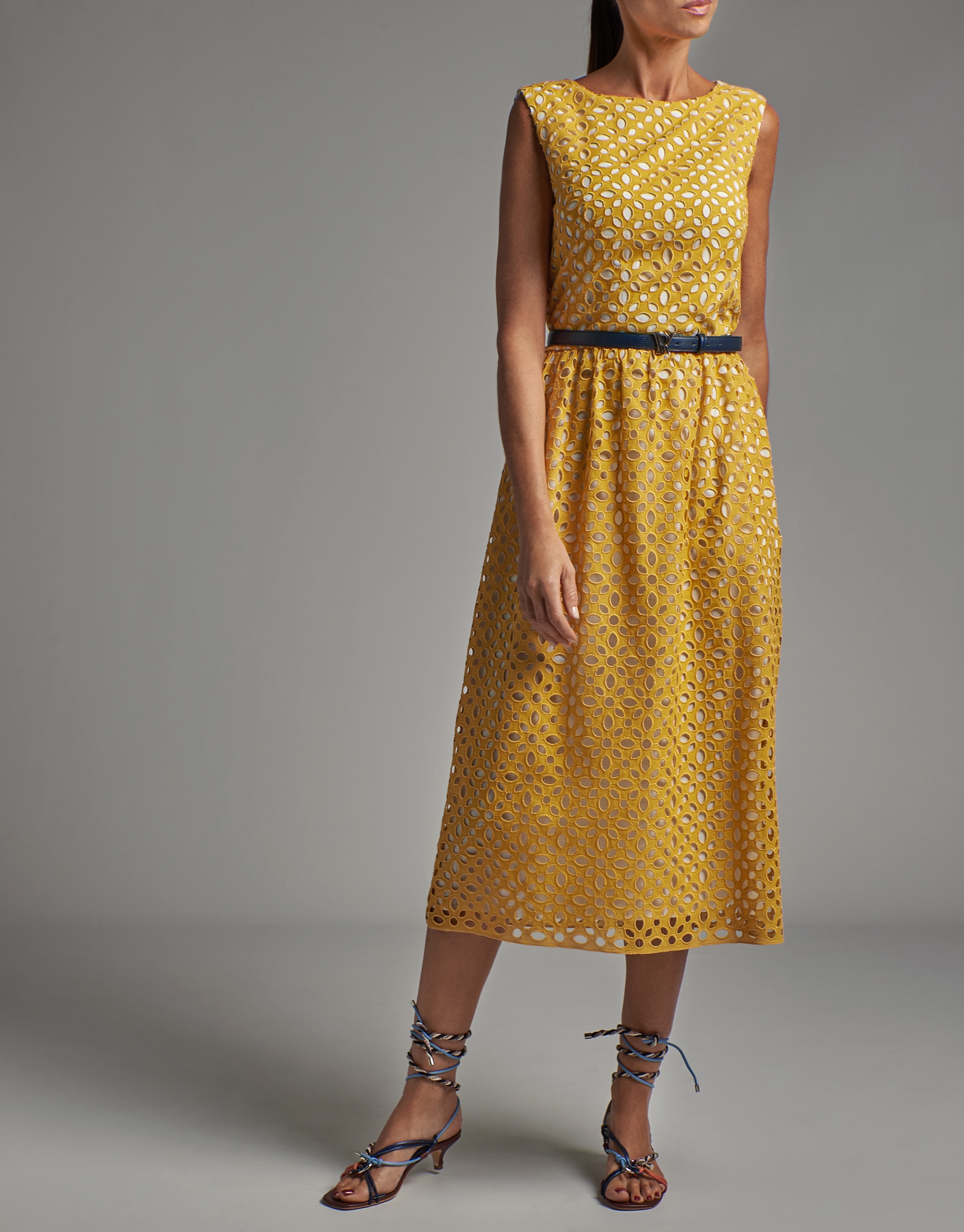 Yellow midi dress with English embroidery