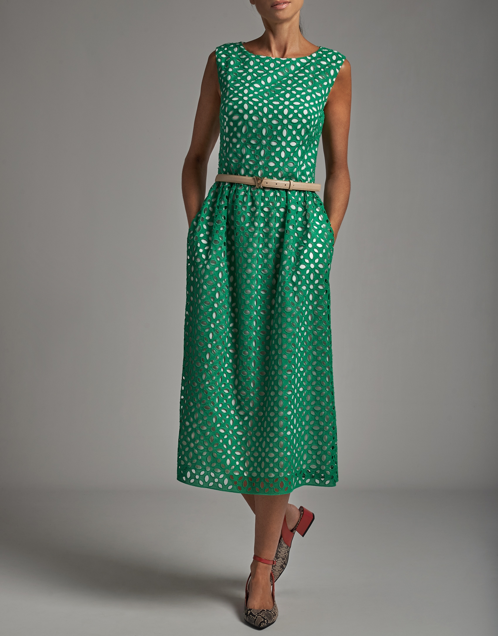 Green midi dress with English embroidery