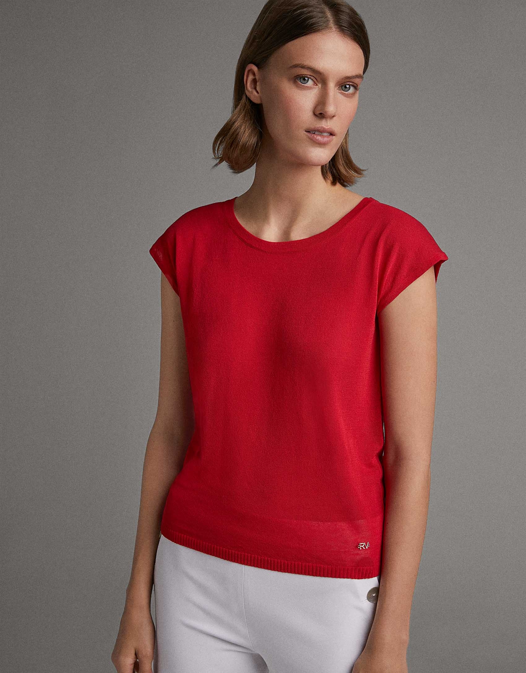 Red sweater with dropped sleeves