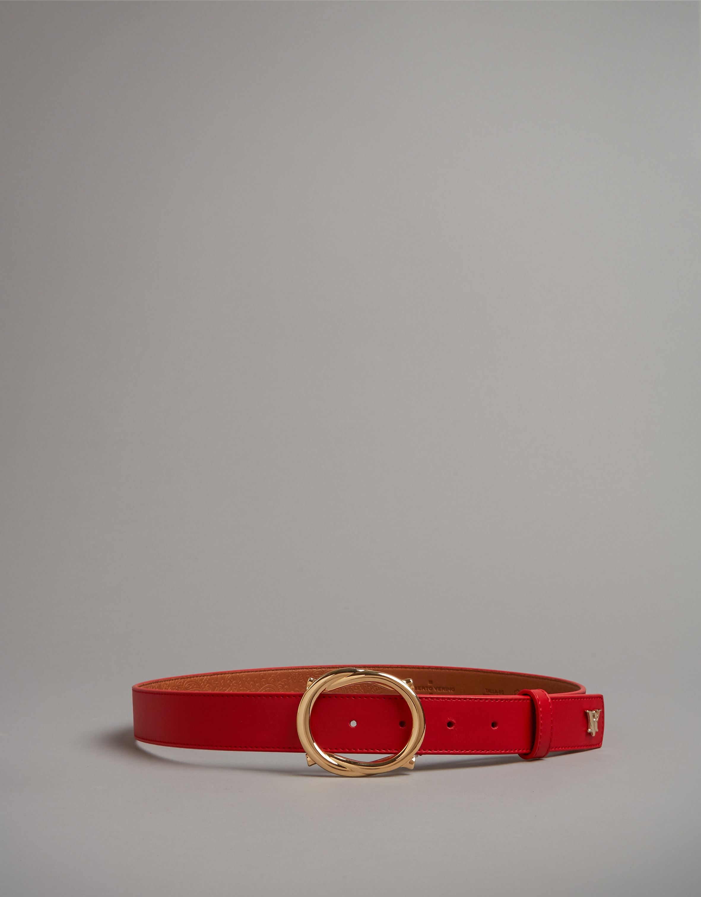 Red leather belt with round buckle