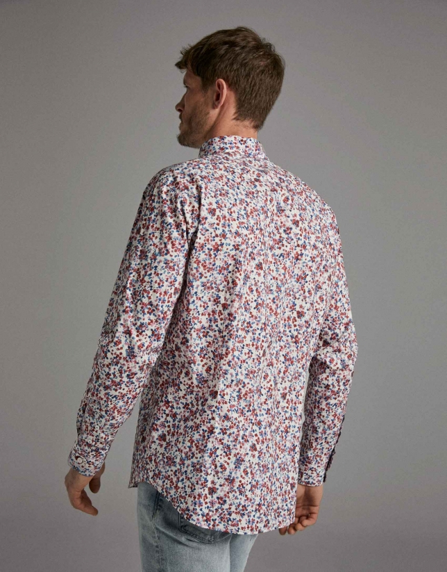 Dark red/blue floral print sport shirt