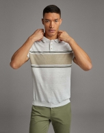 Tan/navy blue striped knit polo shirt