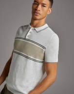 Tan/navy blue striped knit polo shirt