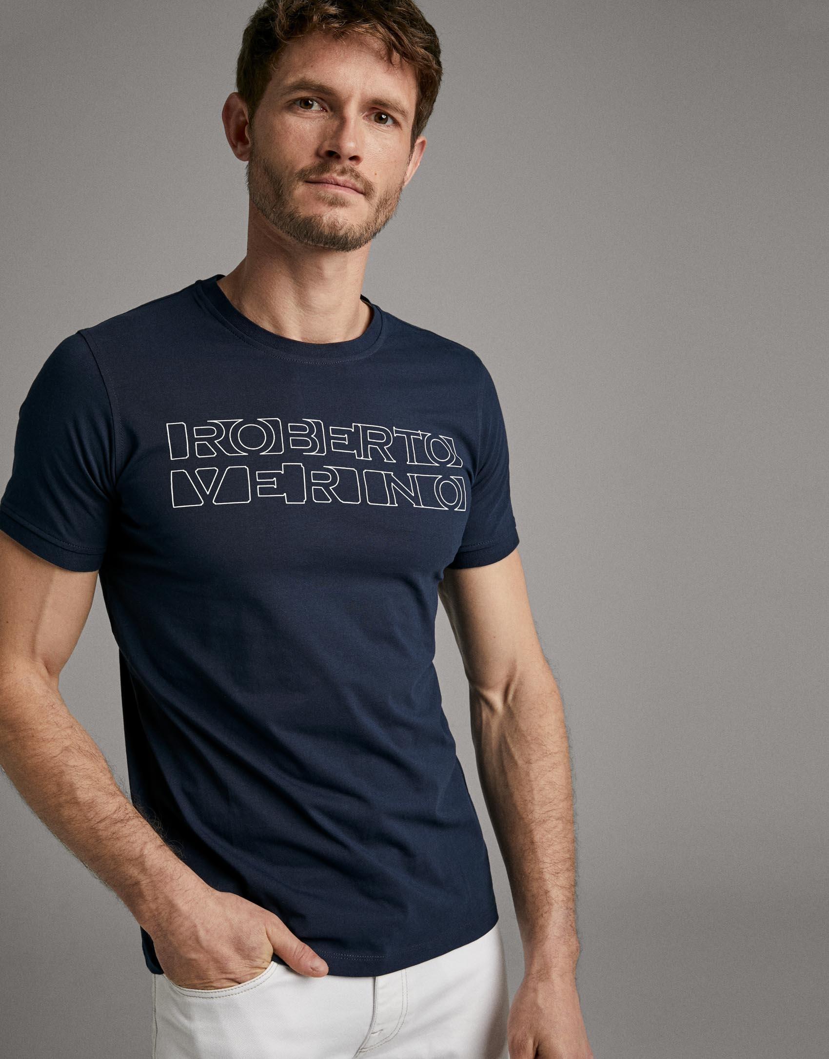 Navy blue t-shirt with white silk-screen print