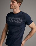 Navy blue t-shirt with white silk-screen print