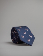 Blue tie with red and gray jacquard thong print