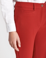 Red back-stitched straight ankle-length pants