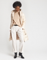 Beige long ski jacket with hood