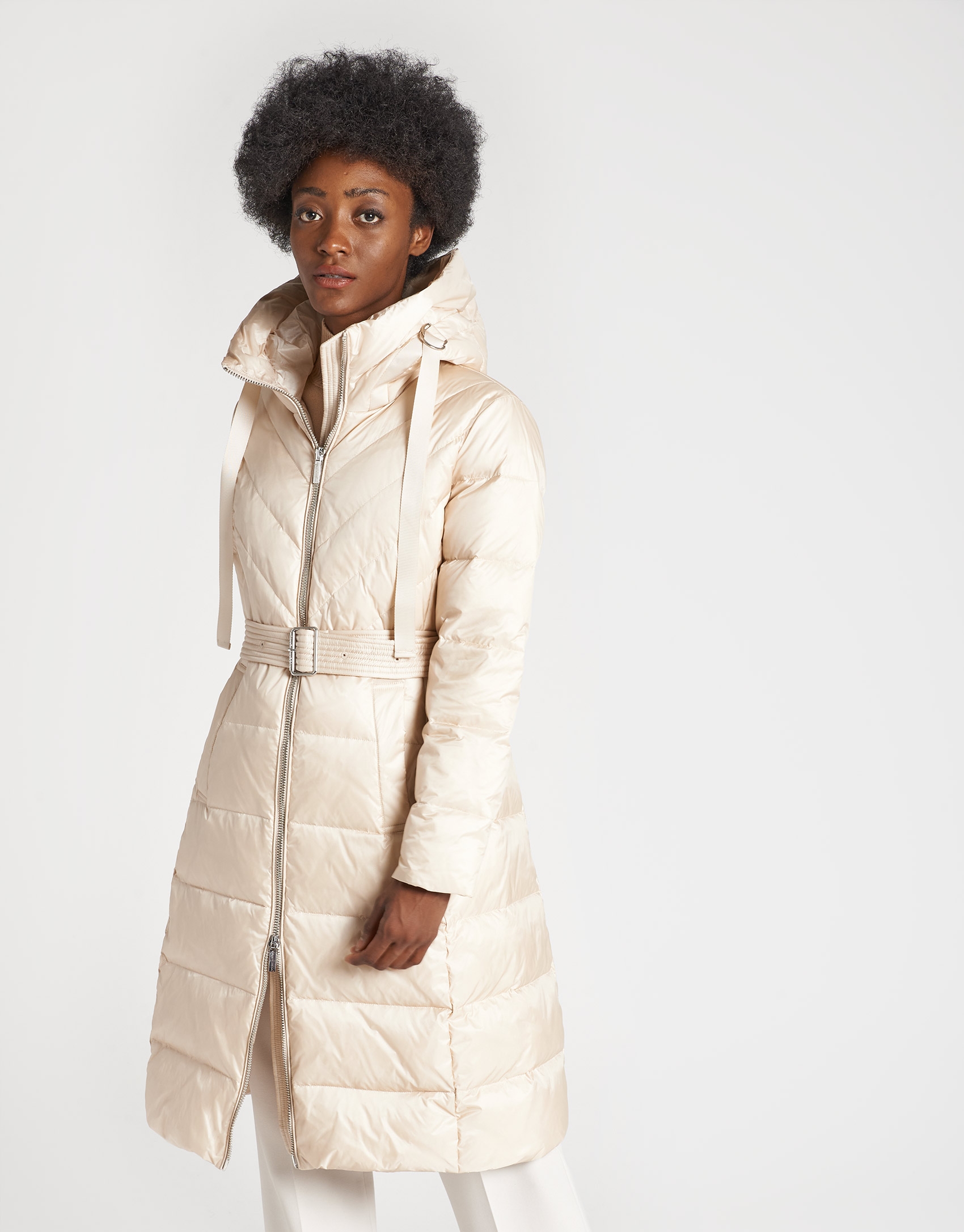 Beige long ski jacket with hood