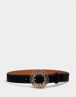 Black leather belt with bejewelled buckle