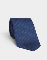 Navy blue silk tie with brown micro-design