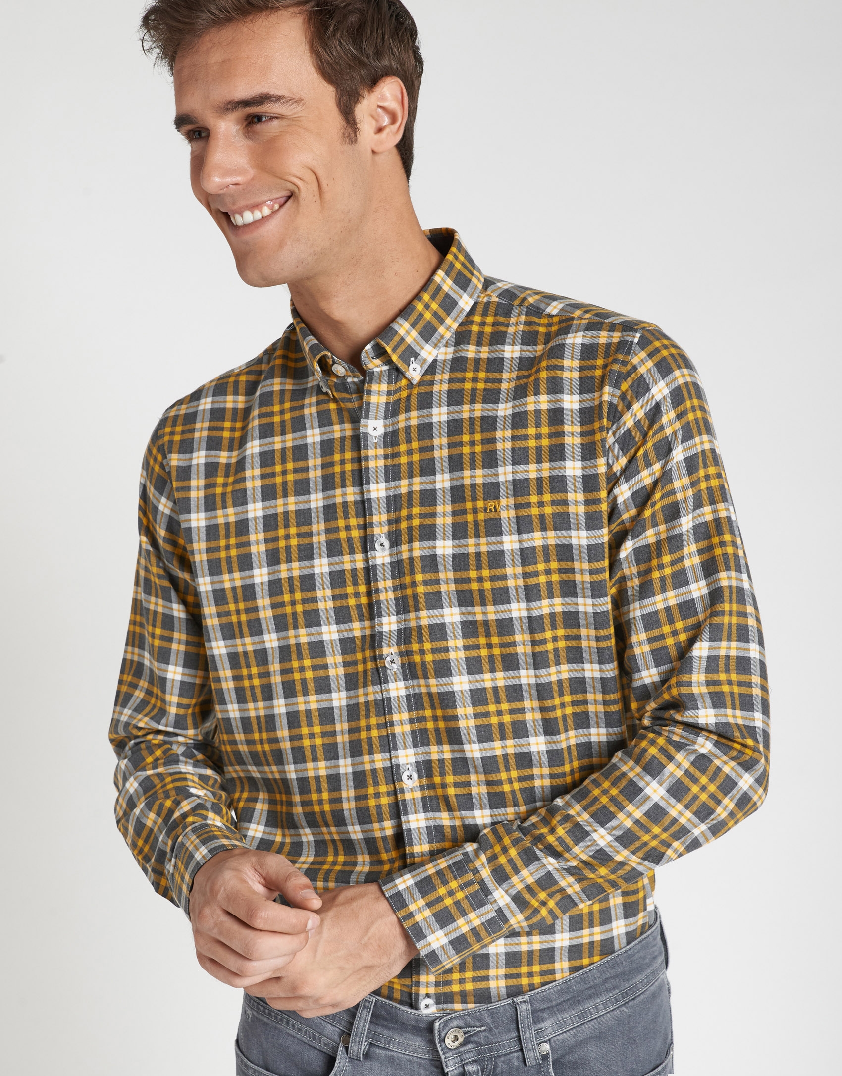 Camisa sport cuadros gris/amarillo