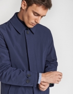 Navy blue raincoat with shirt collar