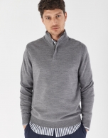 Gray melange sweater with high collar and zipper 