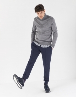 Gray melange sweater with high collar and zipper 