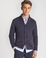 Blue and tan jacket with cable stitching and shawl collar