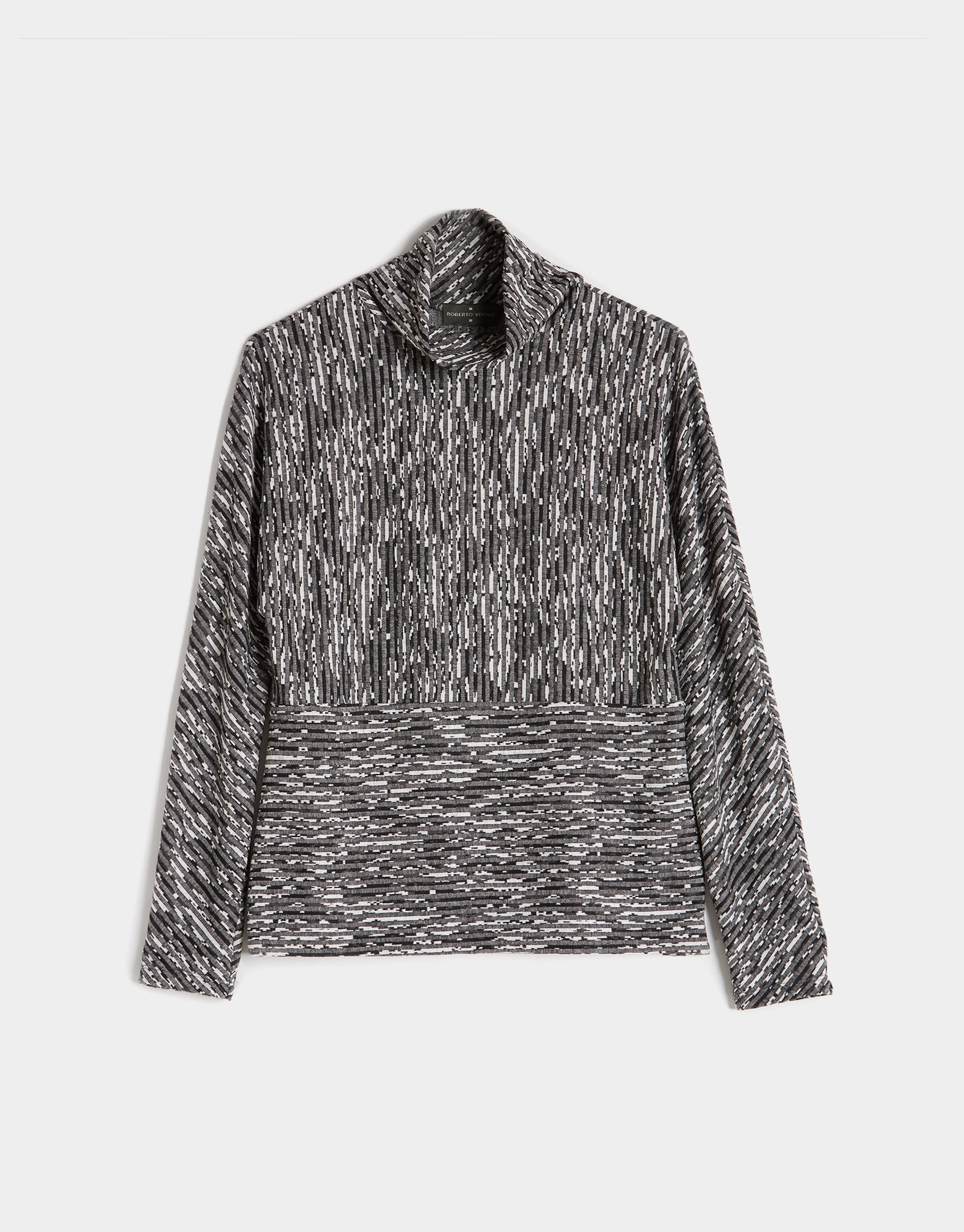 Black and gray knit top with raised collar