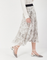 Beige floral print, long pleated skirt