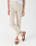 Sandy-colored glen plaid straight ankle-length pants