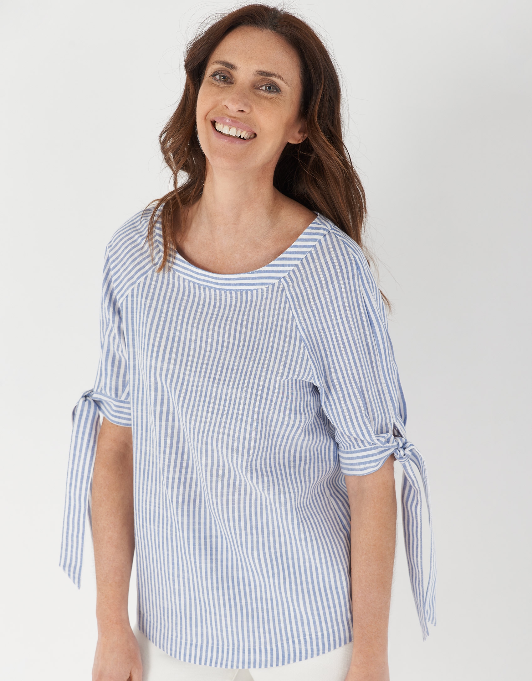 Blue striped blouse with boat neck