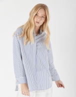 Blue and white striped loose blouse with long sleeves