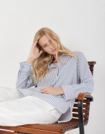 Blue and white striped loose blouse with long sleeves