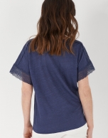 Blue linen top with lace on sleeves