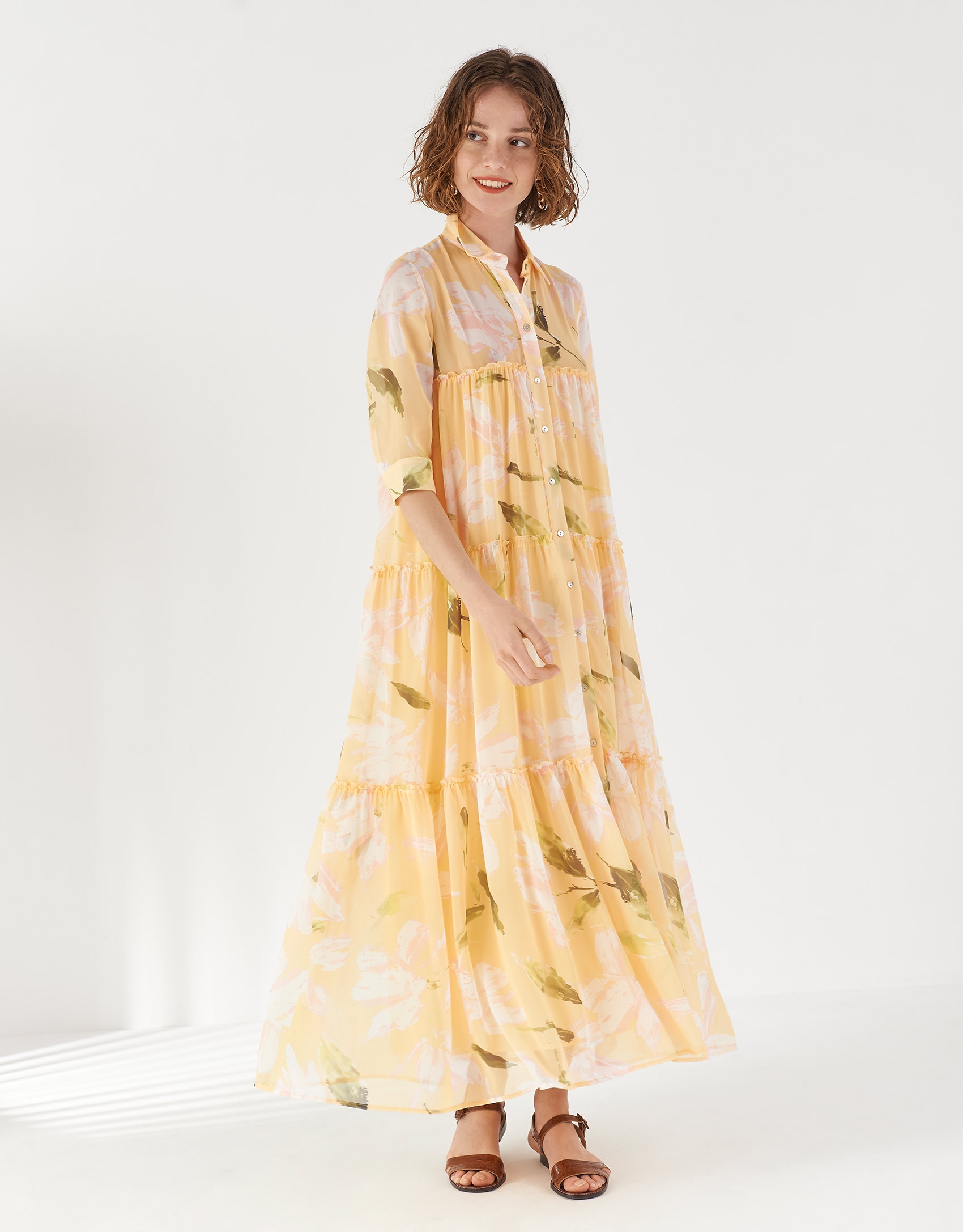 Yellow shirtwaist dress with gathered bodice