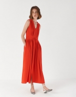 Red sleeveless dress with gathered V-neck